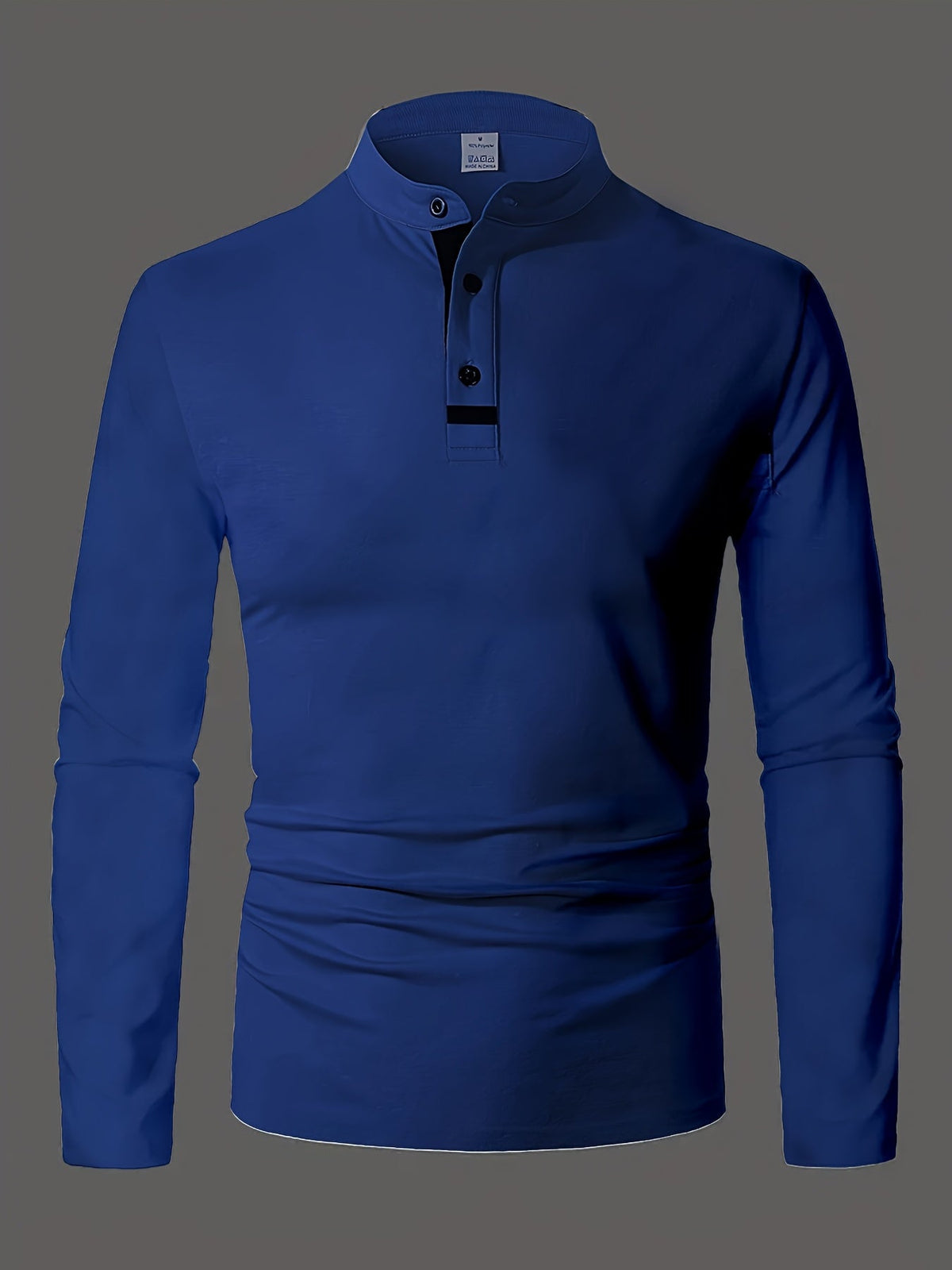 Men's refined long-sleeve button-placket henley shirt in granny gray, matcha green and navy, styled view 2