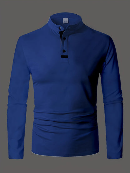 Men's refined long-sleeve button-placket henley shirt in granny gray, matcha green and navy, styled view 2