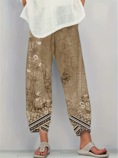 Kessoro women's botanical print elastic-waist cropped trousers in vintage plant and retro colours