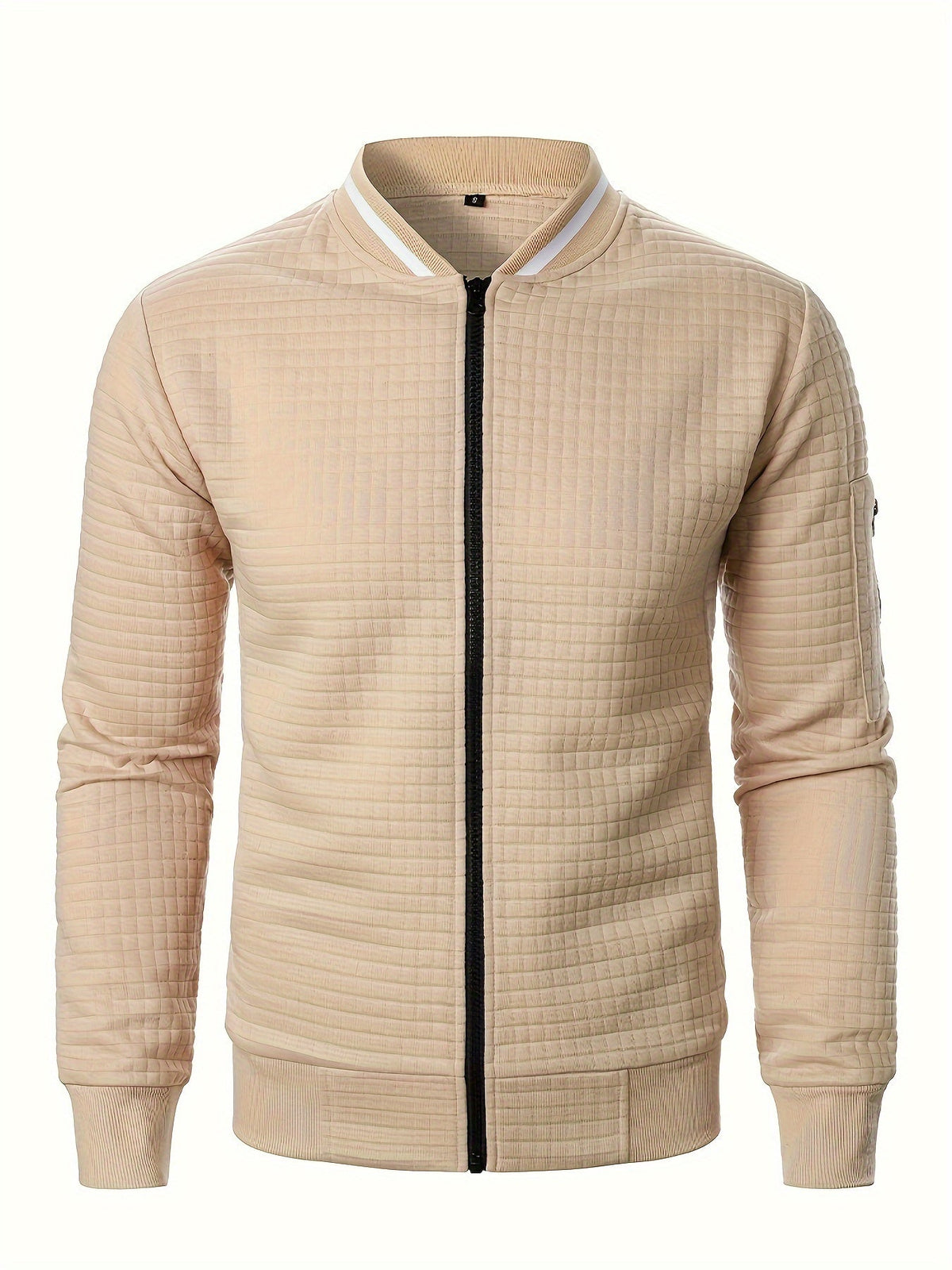 Men's textured stand-collar zip-up bomber jacket in khaki, black, dark gray, military green, navy and burgundy, side view