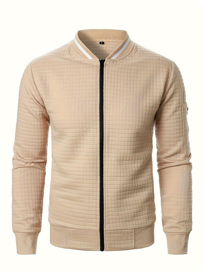 Men's textured stand-collar zip-up bomber jacket in khaki, black, dark gray, military green, navy and burgundy, side view