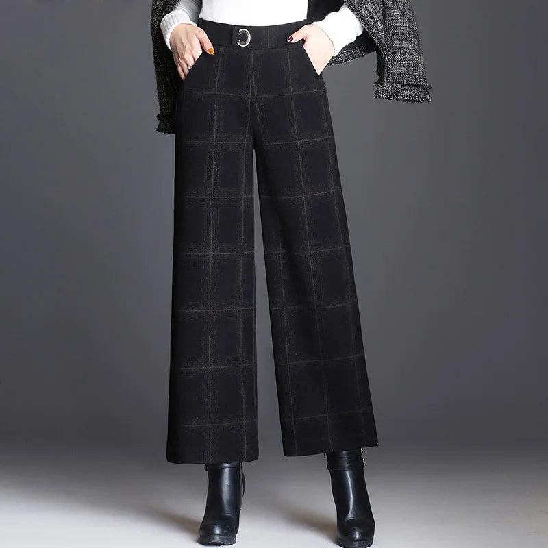 Kessoro Women's Checked High-Waist Wide-Leg Trousers in plaid black, solid black and houndstooth gray — styled on model