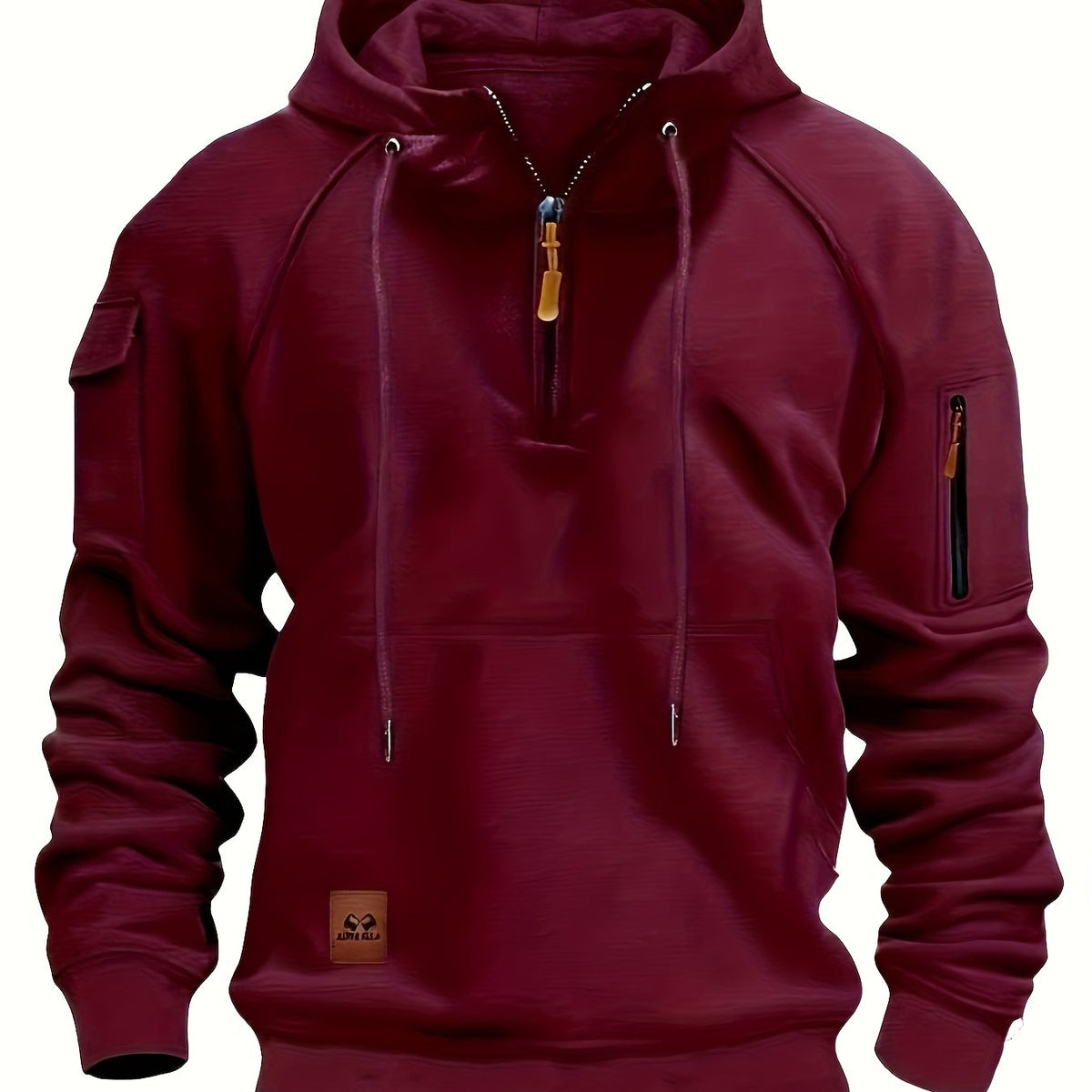 Men's utility quarter-zip hoodie in black, navy, khaki and burgundy with pocket detail, colour option 3 front view