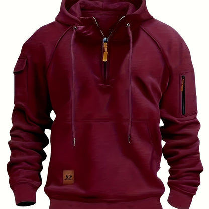 Men's utility quarter-zip hoodie in black, navy, khaki and burgundy with pocket detail, colour option 3 front view