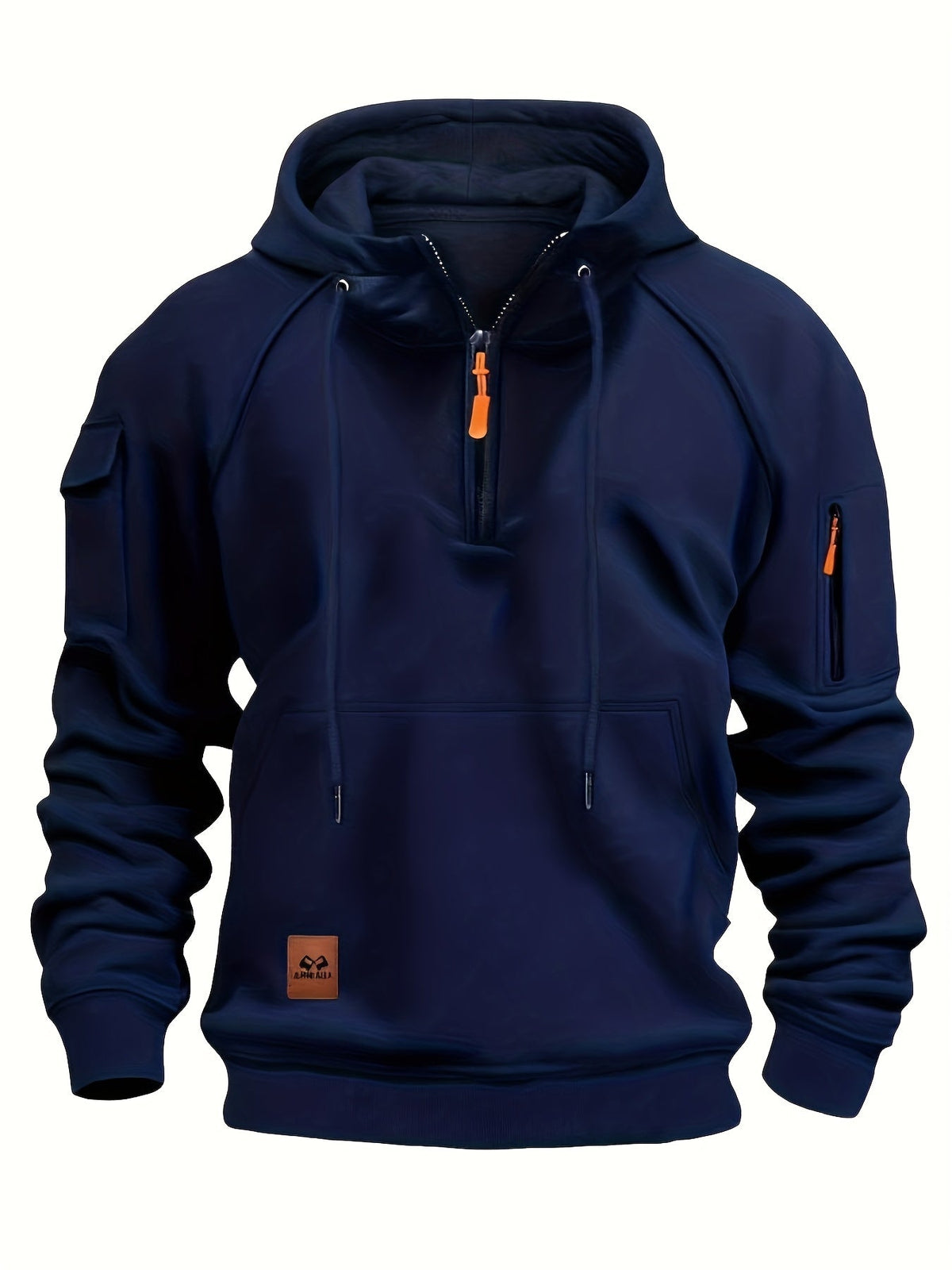 Men's utility quarter-zip hoodie in black, navy, khaki and burgundy with pocket detail, colour option 3 back view