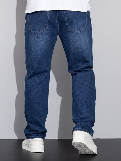 Men's mid-rise straight-leg stretch jeans in blue and black denim, detail view
