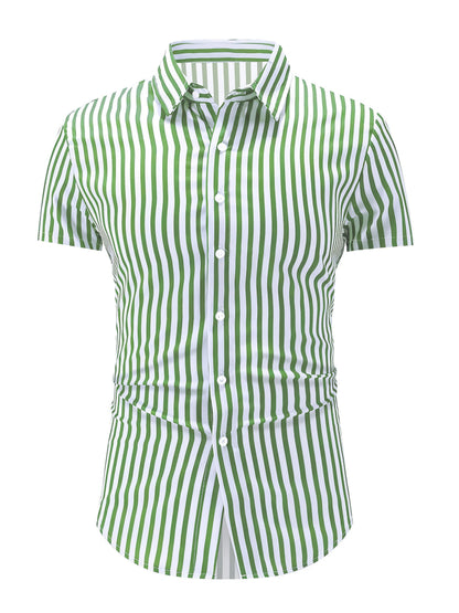 Kessoro men's striped short sleeve button-up shirt in pink, yellow-green and blue – view 4