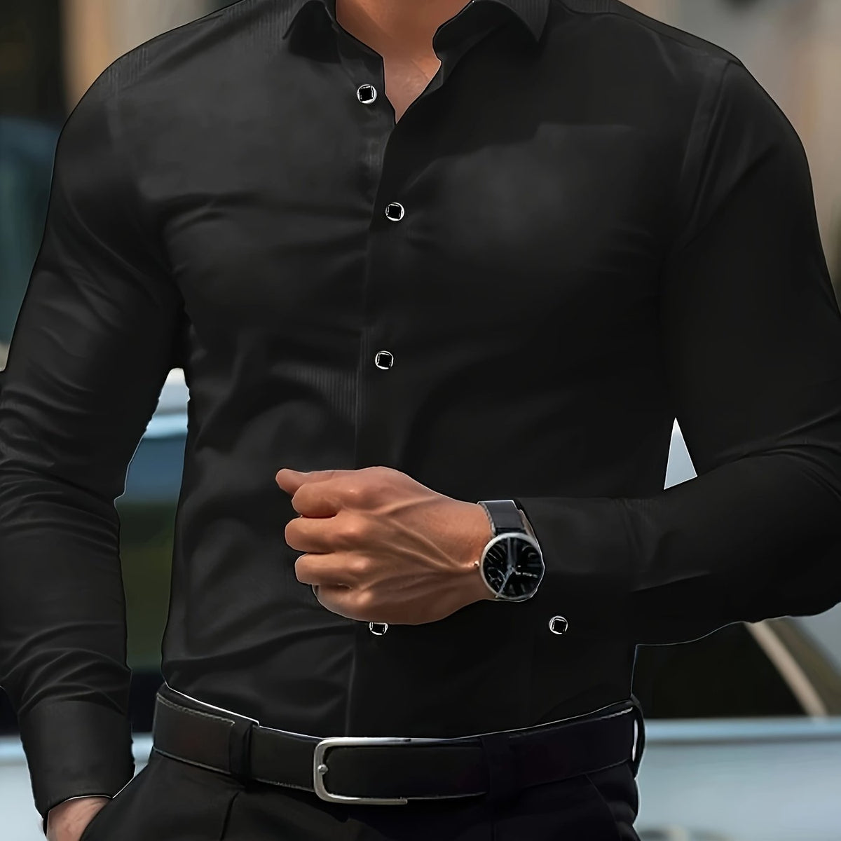 Kessoro Men's Refined Slim-Fit Dress Shirt in white, sky blue, black, dark green and light grey - men's apparel, view 13 of 32