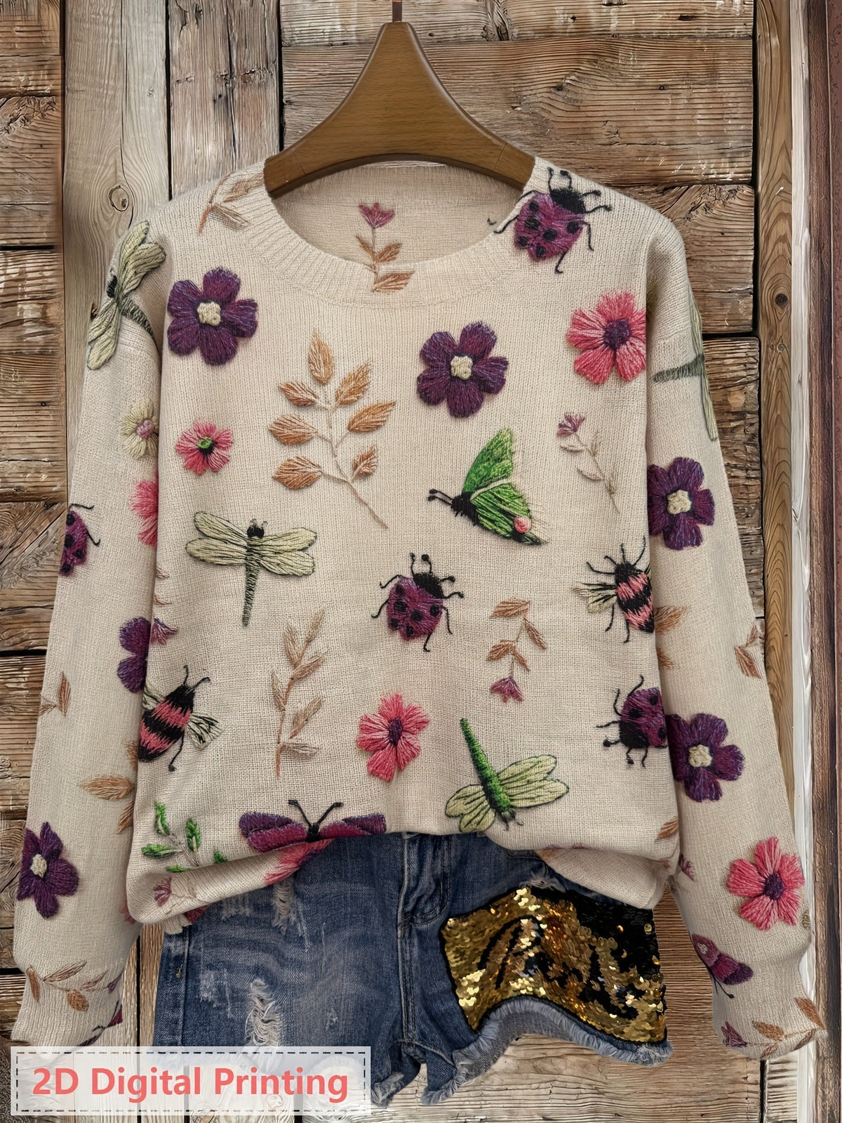 Kessoro women's botanical print crewneck knit sweater in purple, blue and apricot – view 9