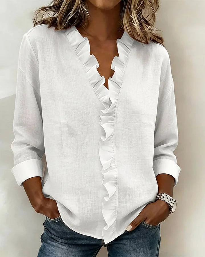 Kessoro women's V-neck ruffle long-sleeve blouse in pink, white, green, blue, black, orange, yellow and purple