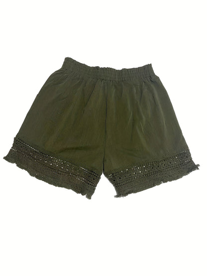 Kessoro women's lace-trim paper bag waist shorts in sky blue, khaki, black and white neutral tones