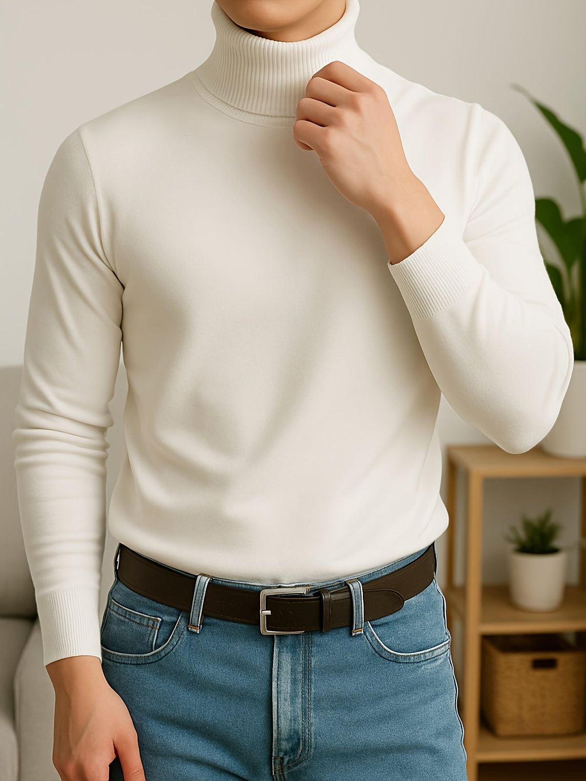 Men's refined ribbed roll-neck high-neck sweater in black, white, bronze and blue, detail view 2