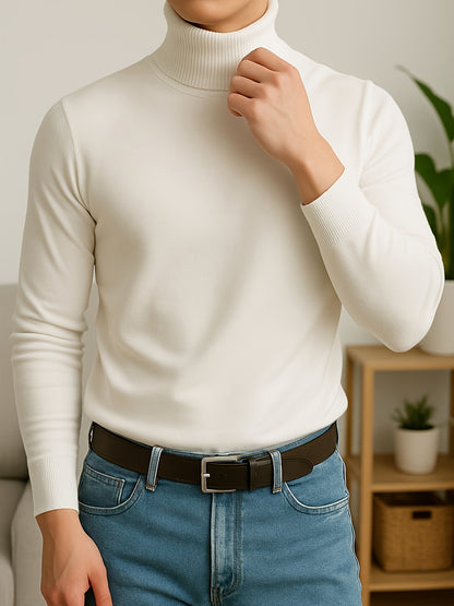 Men's refined ribbed roll-neck high-neck sweater in black, white, bronze and blue, detail view 2