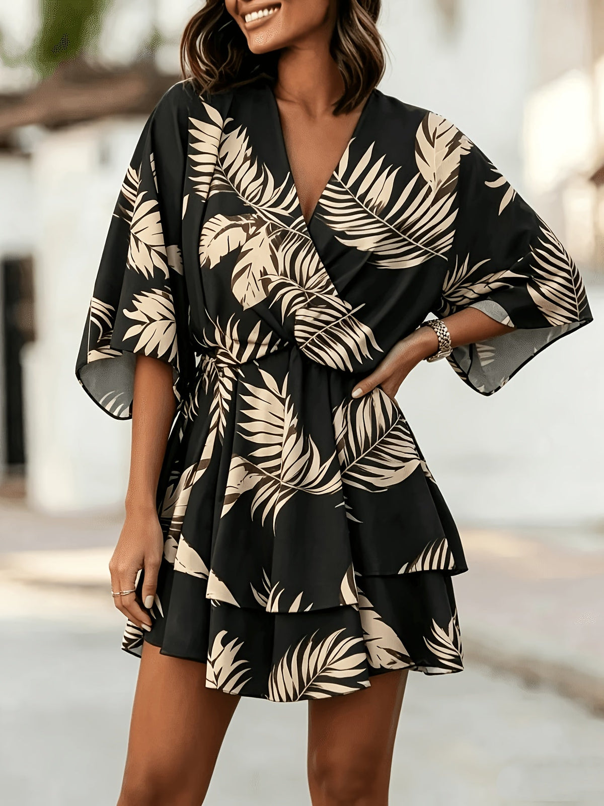 Kessoro women's batwing-sleeve tiered wrap dress shown in orange red and black colourways on a female model
