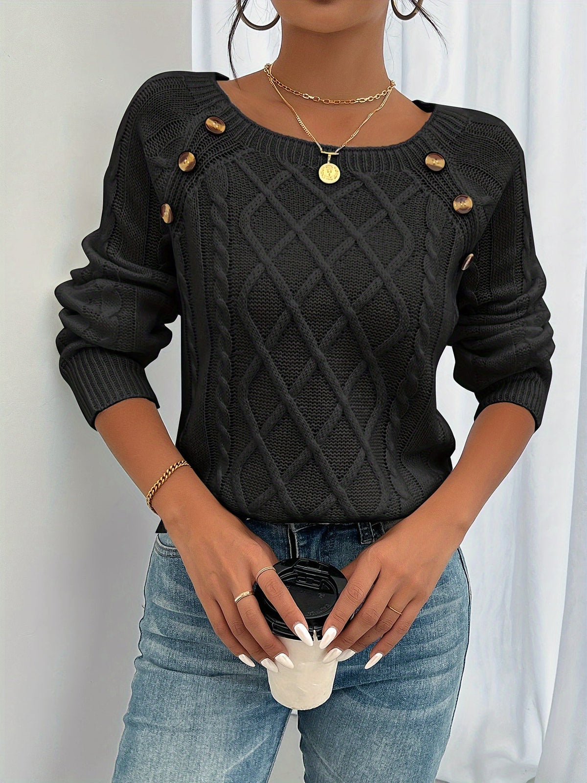 Kessoro women's cable-knit button lantern-sleeve sweater in white, khaki, black and grey – view 3