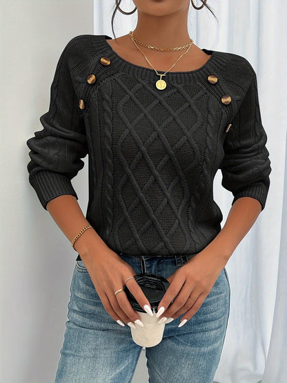 Kessoro women's cable-knit button lantern-sleeve sweater in white, khaki, black and grey – view 3