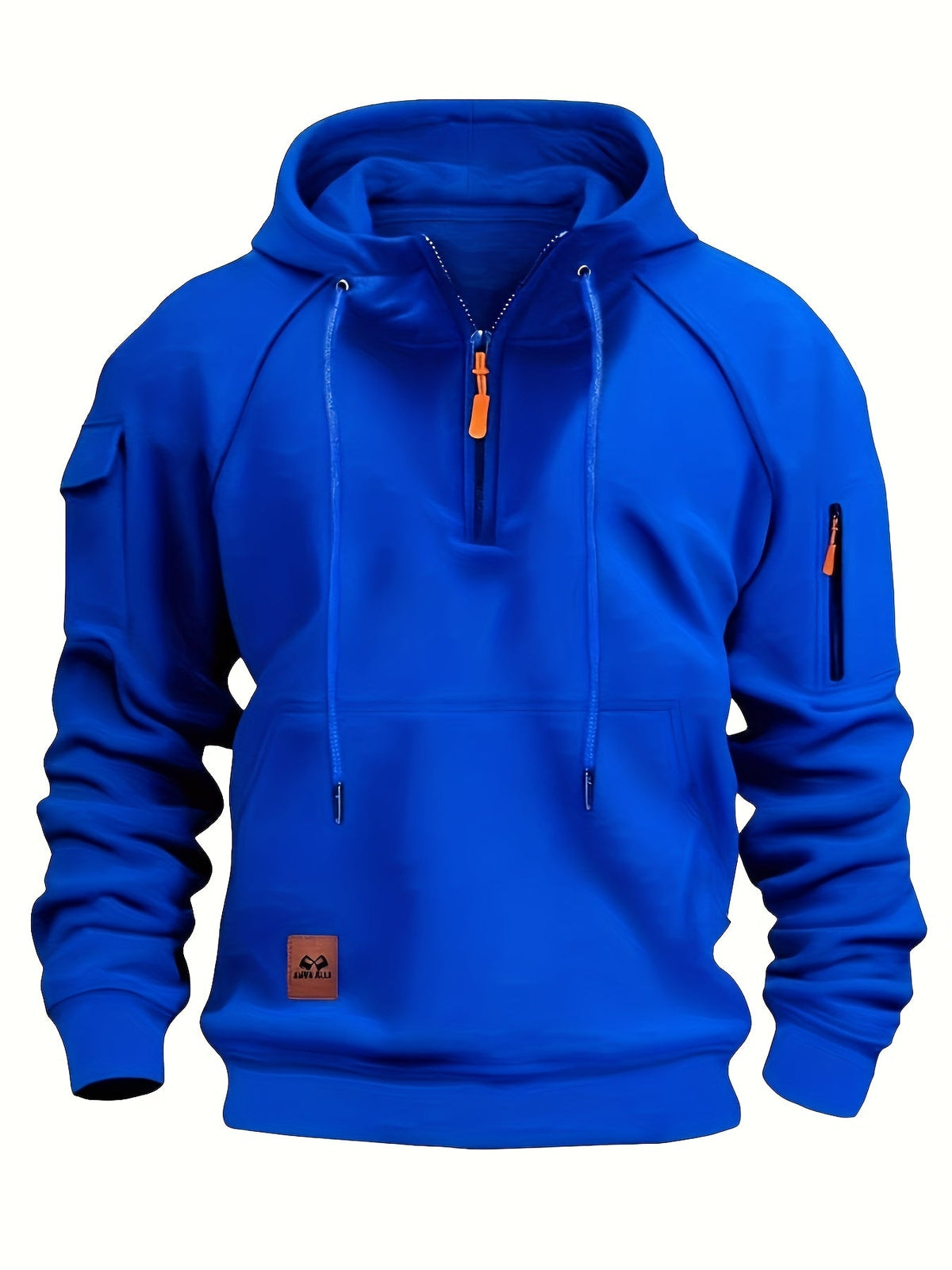 Men's utility quarter-zip hoodie in black, navy, khaki and burgundy with pocket detail, colour option 1 front view