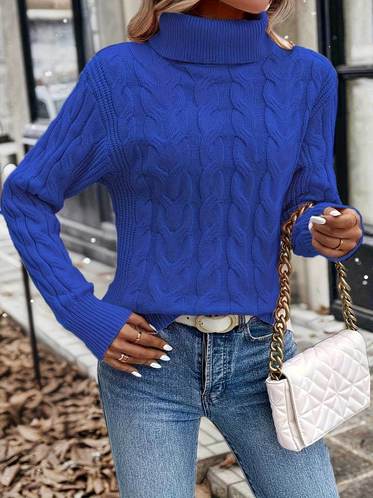 Kessoro women's cable-knit turtleneck sweater in red, black, grey, royal blue, violet, white and pink - product view 22