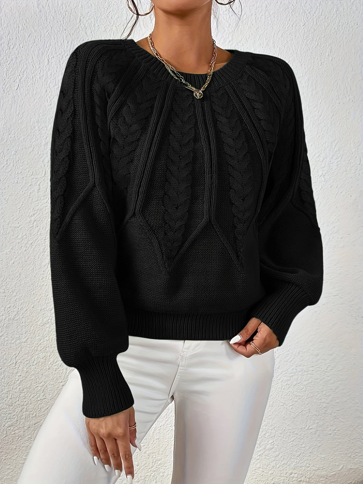 Kessoro women's relaxed cable-knit lantern-sleeve sweater in matcha, beige, burgundy, navy and camel