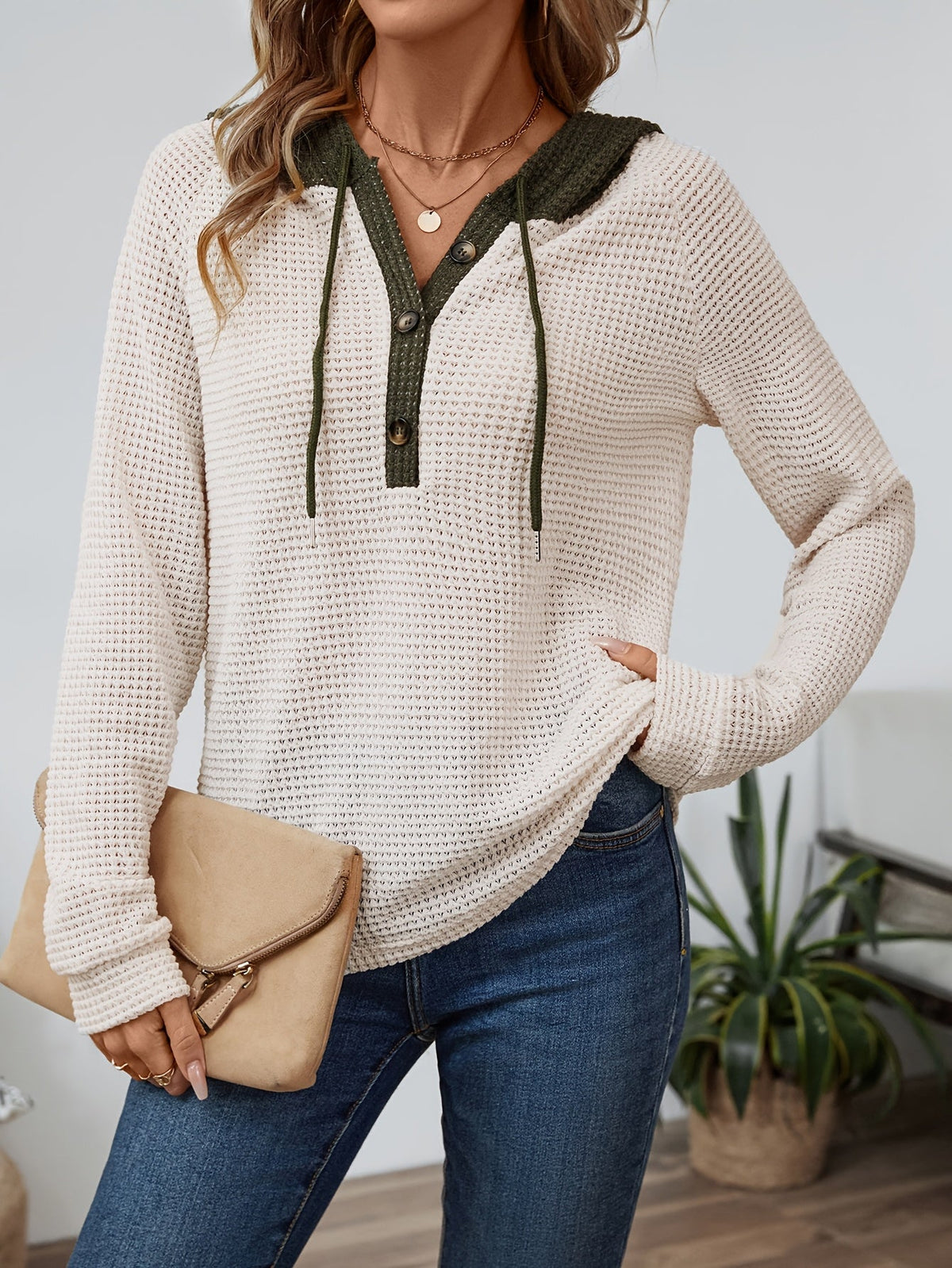 Kessoro women's waffle-knit relaxed hooded top in beige, black or pink, view 4 of 22