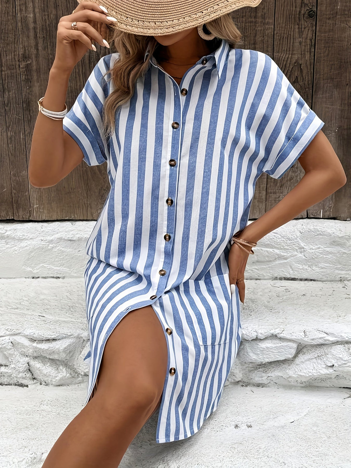Kessoro women's belted striped short-sleeve shirt dress in apricot and sky blue