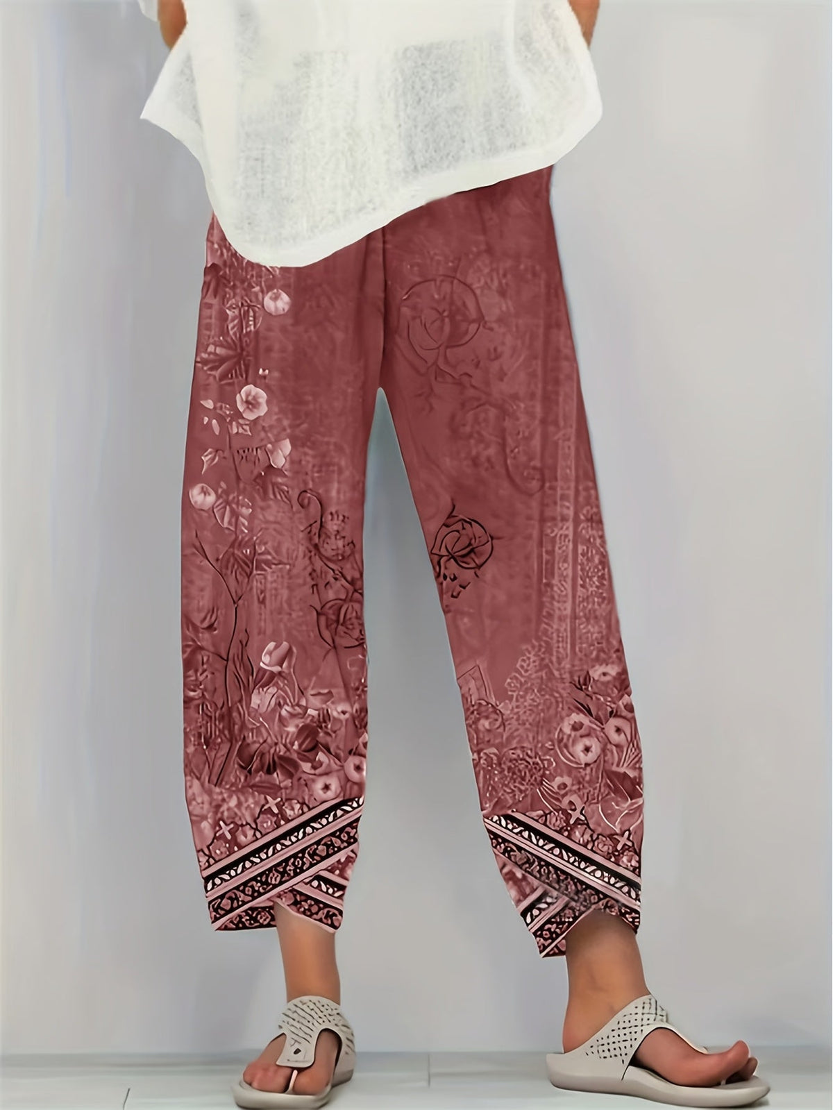 Kessoro women's botanical print elastic-waist cropped trousers in vintage plant and retro colours