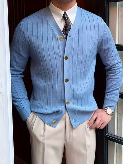 Kessoro Men's Ribbed Button-Up Knit Cardigan in white, sky blue and black, image 8 of 18.