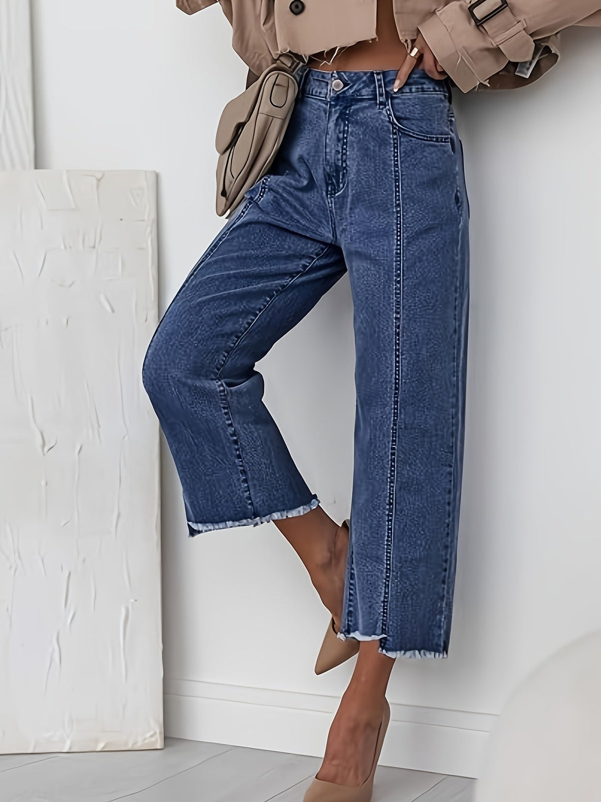 Kessoro women's high-waist cropped straight-leg jeans in royal blue and black - product view 5
