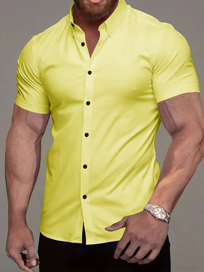 Kessoro men's refined short-sleeve button-up shirt shown in eleven colourways including white, black, navy and army green on a male model