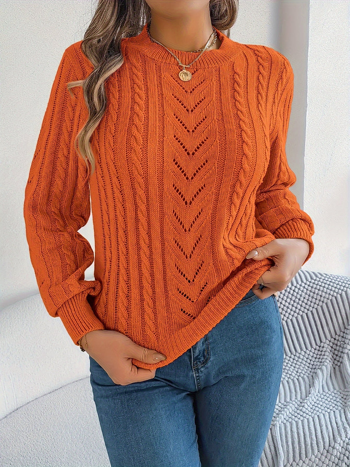 Kessoro Women's Cable-Knit Round Neck Sweater in khaki, grey and orange-red - women's apparel, view 20 of 21