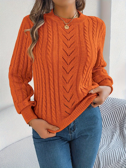 Kessoro Women's Cable-Knit Round Neck Sweater in khaki, grey and orange-red - women's apparel, view 20 of 21