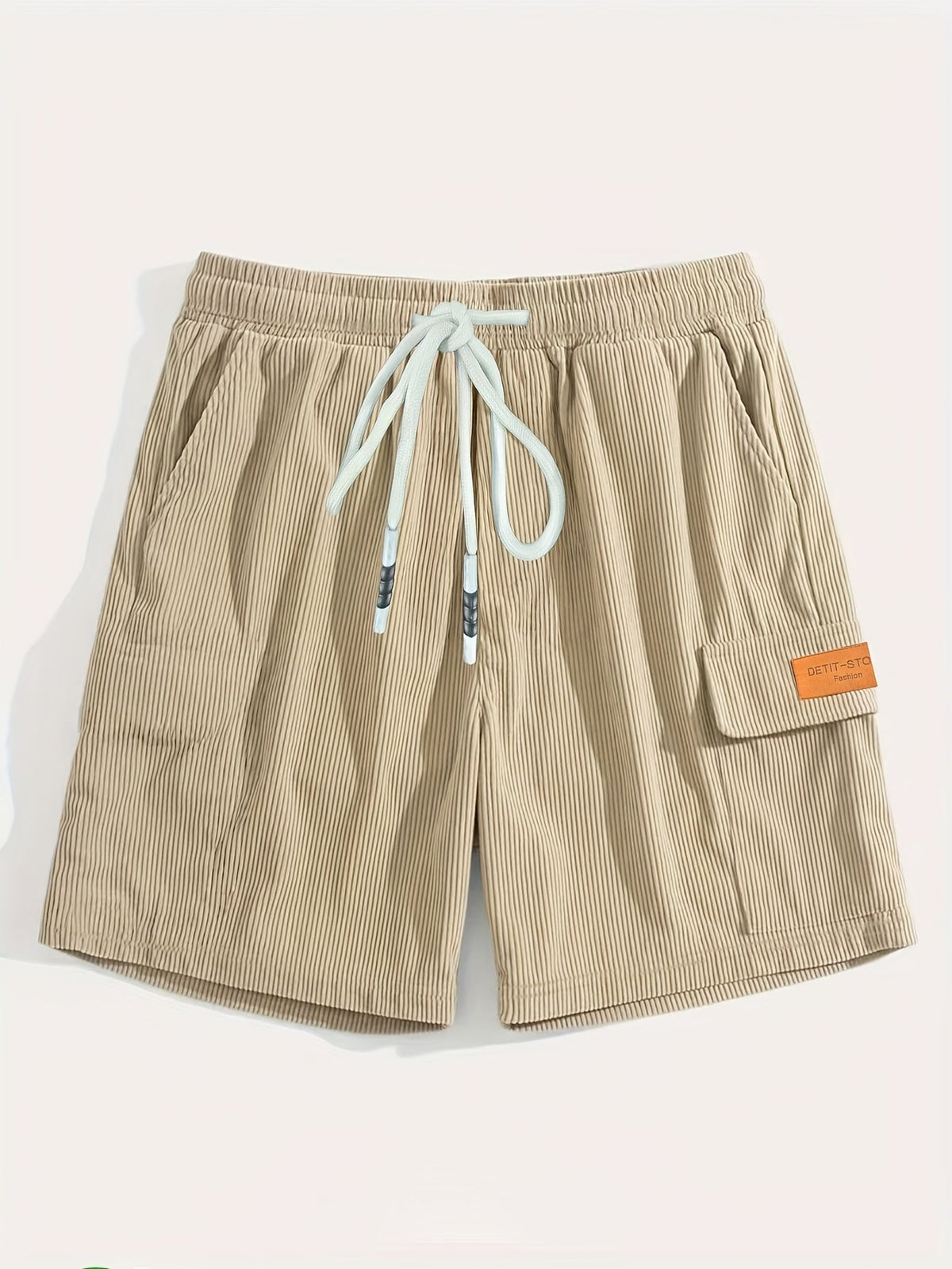 Men's textured drawstring cargo shorts in black, apricot and grey, view 8