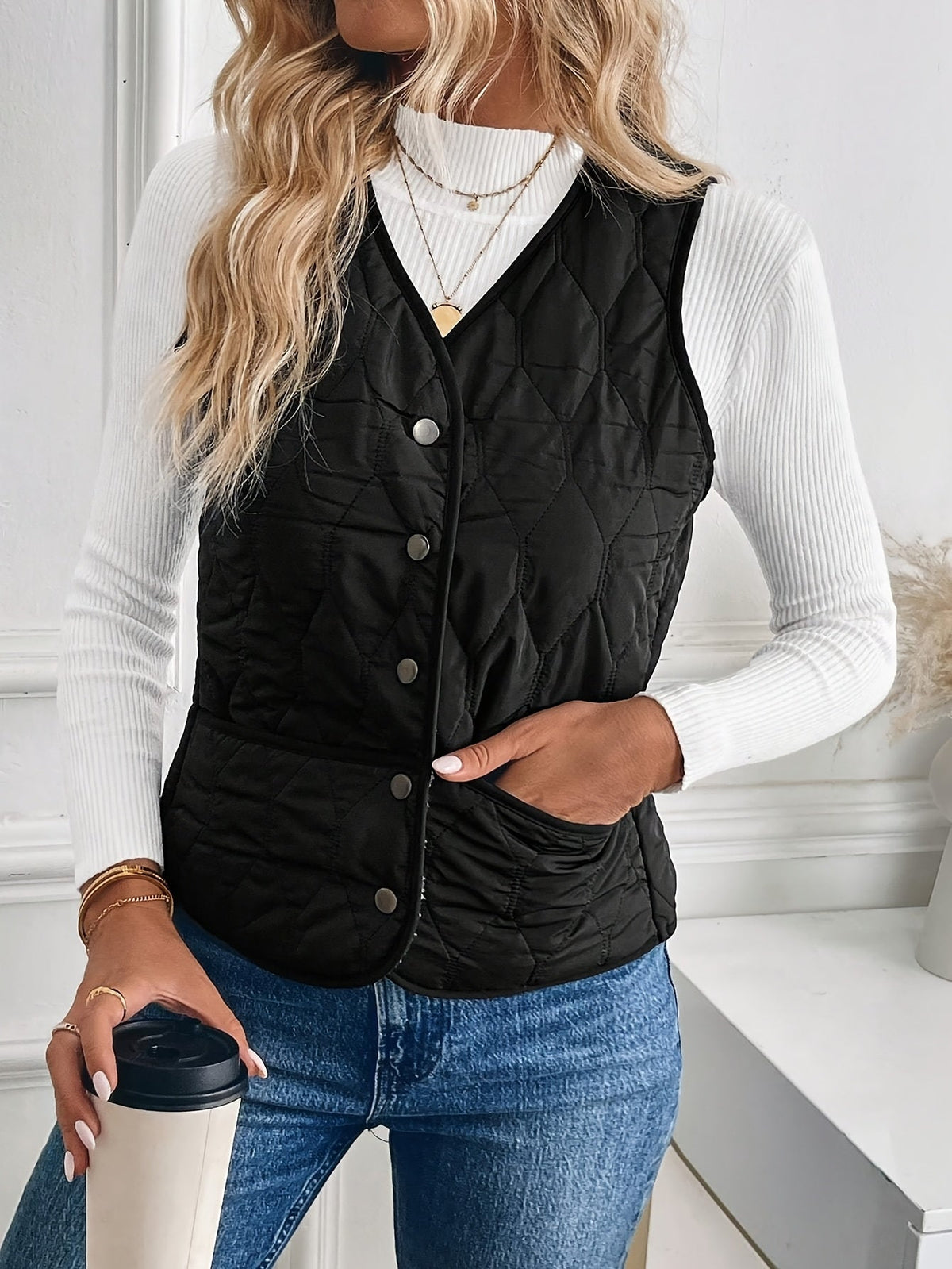 Kessoro Women's Reversible Quilted Plush Vest in black - women's apparel, view 6 of 8