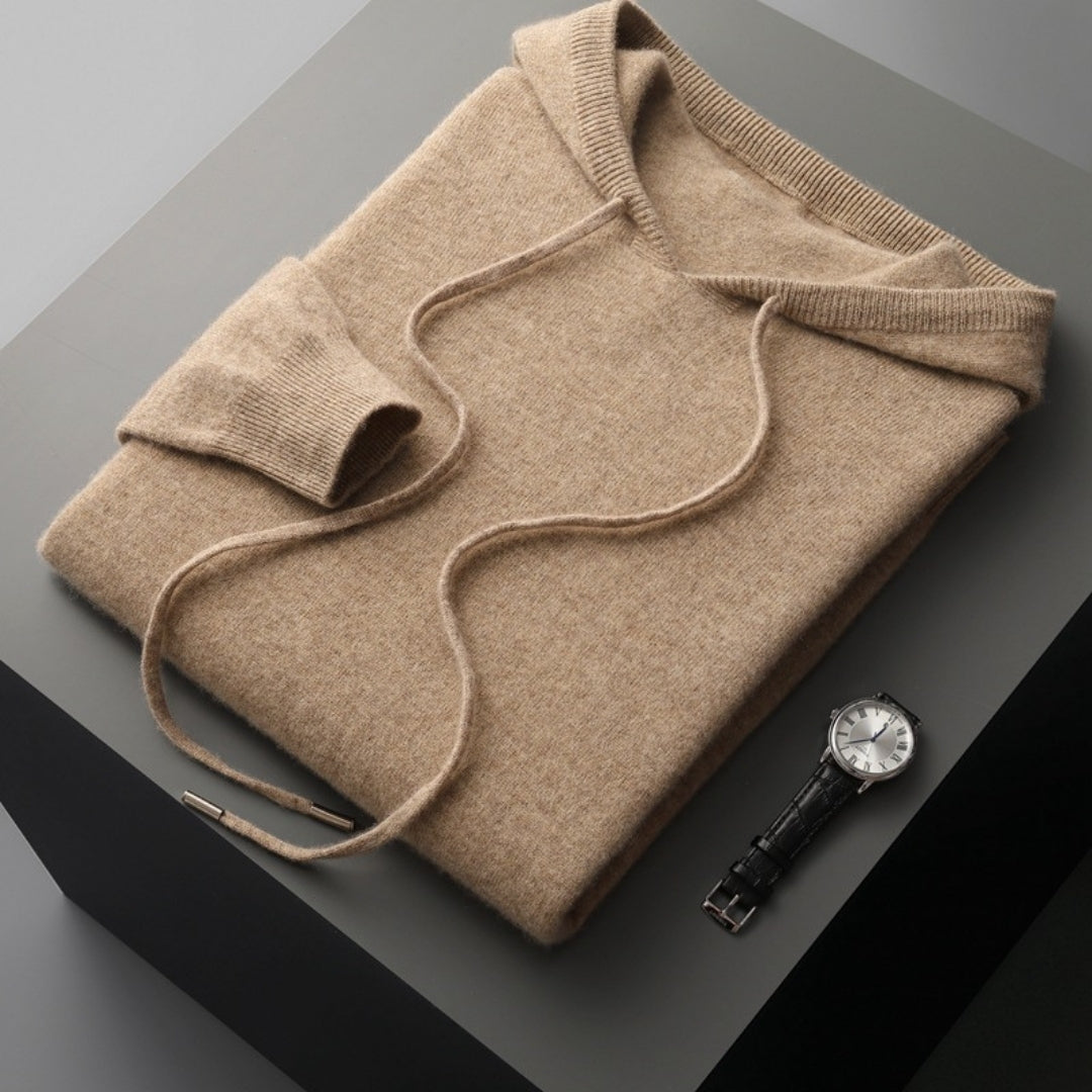 Kessoro soft knit ribbed trim hoodie for men in Beige, view 1