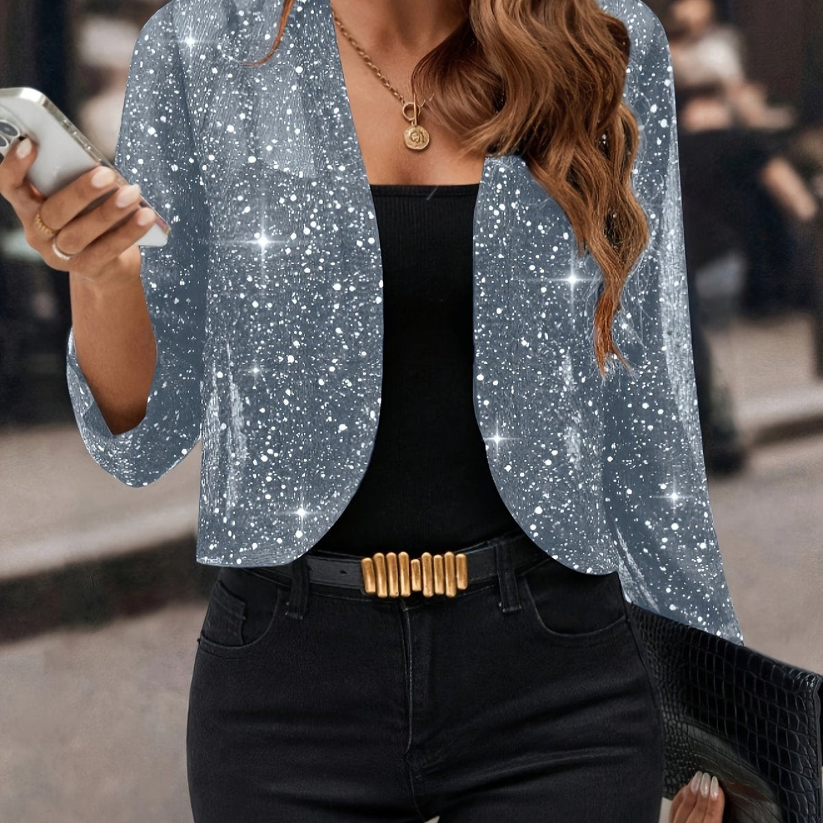 Kessoro women's shimmer cropped open-front bolero jacket in deep grey, sky blue, pink and purple