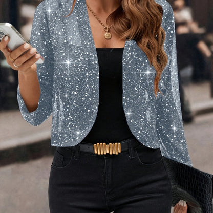 Kessoro women's shimmer cropped open-front bolero jacket in deep grey, sky blue, pink and purple