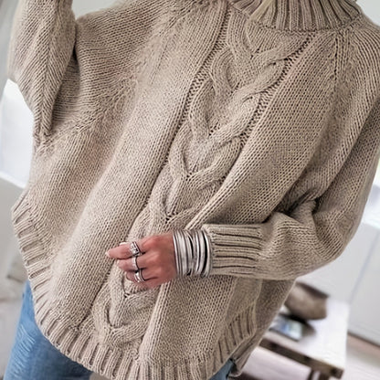 Kessoro women's high-neck cable-knit loose sweater in khaki, grey, pink, black and red – view 11