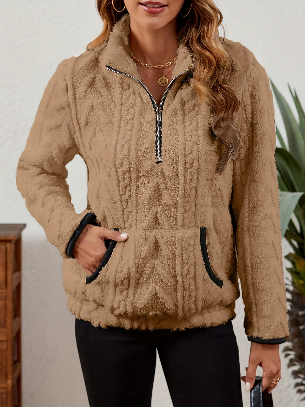 Kessoro women's plush textured half-zip pullover in burgundy, grey, pink, white, khaki, purple and blue - product view 38