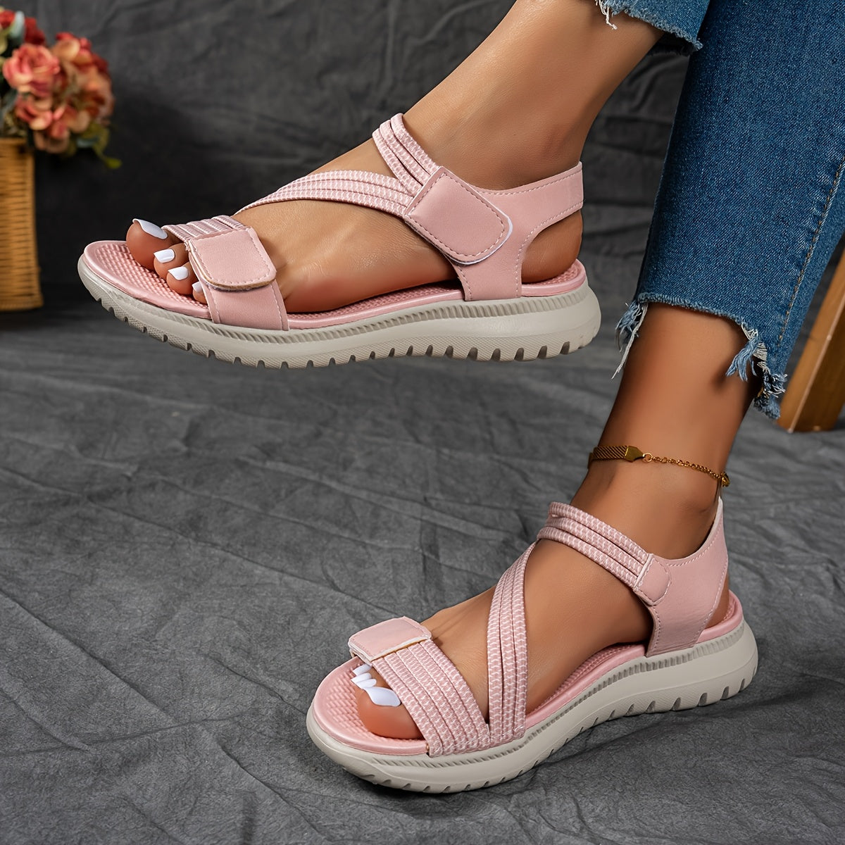 Women's adjustable strap cushioned comfort sandals in black, navy, grey, khaki, green and pink, view 14