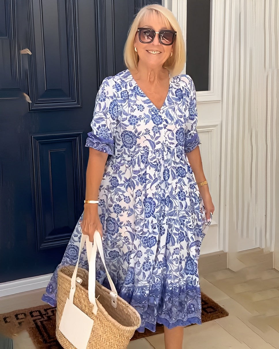 Women's V-neck floral maxi dress in blue, orange, pink, purple and sky blue