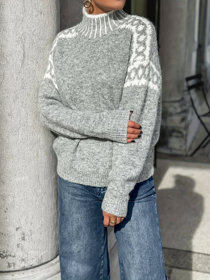 Kessoro women's contrast-trim mock neck knit sweater in dark grey and grey