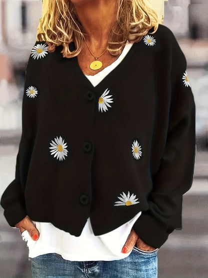 Kessoro women's floral embroidered button-front knit cardigan in green, blue, black, grey and yellow