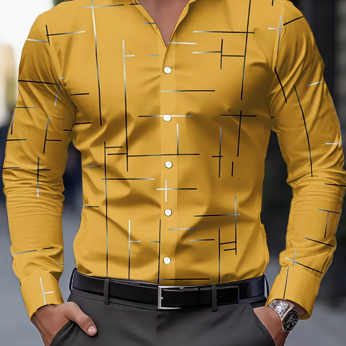 Men's line-print regular fit button-up shirt in navy, malachite green, orange yellow and pink, view 13