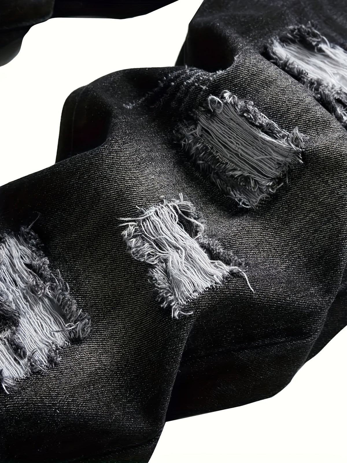 Men's distressed relaxed straight-leg jeans in dark gray denim, back view