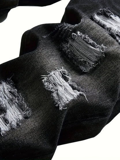 Men's distressed relaxed straight-leg jeans in dark gray denim, back view
