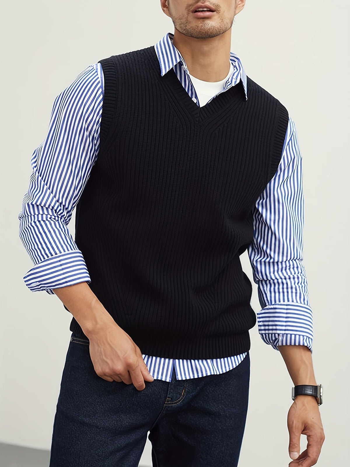 Kessoro Men's Classic V-Neck Ribbed Sweater Vest in black - men's apparel, view 4 of 7