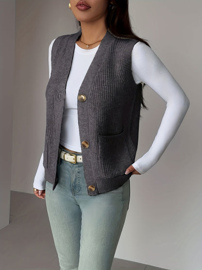 Kessoro women's buttoned V-neck knit vest with front pockets in soft neutral colourways