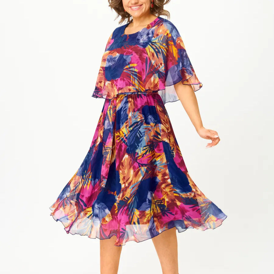 Women's A-line midi dress with a cape-style bodice, round neck and short sleeves