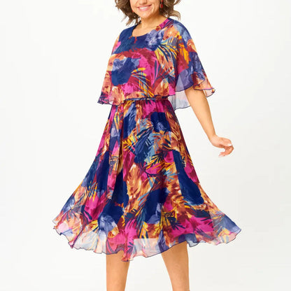 Women's A-line midi dress with a cape-style bodice, round neck and short sleeves