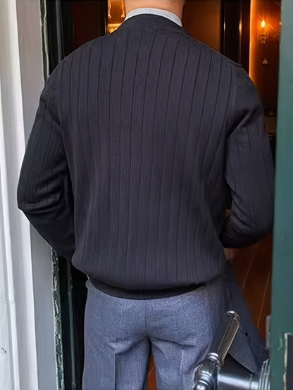 Kessoro Men's Ribbed Button-Up Knit Cardigan in white, sky blue and black, image 15 of 18.